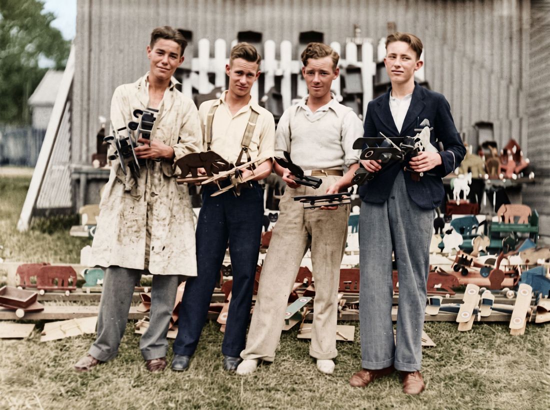 Four young men holding toy aeroplanes, 1934, restored